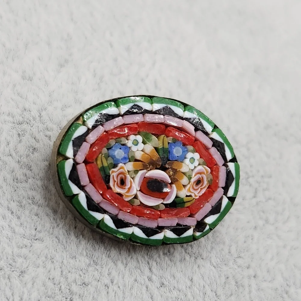 Vintage Micro Mosaic Floral Brooch Made in Italy Oval Millefiori Glass Pin